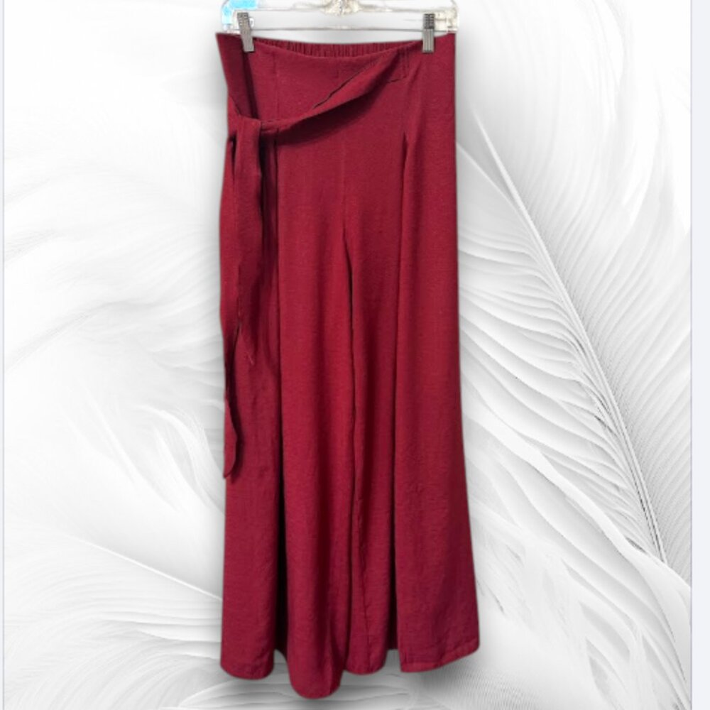 Burgundy High Waist Wide Leg Palazzo Pants Wrap Detail Elastic Back - Picture 3 of 10